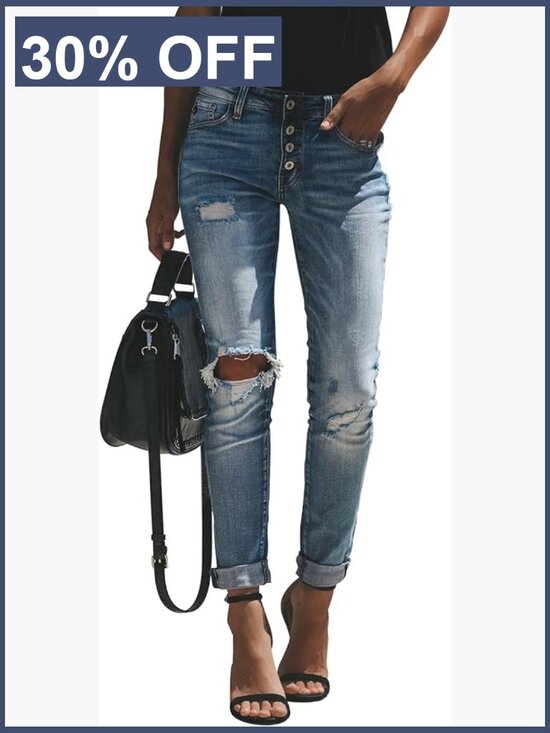 Denim - Ripped Mid Waisted Boyfriend Jeans Loose Fit Distressed Stretchy Denim Pants